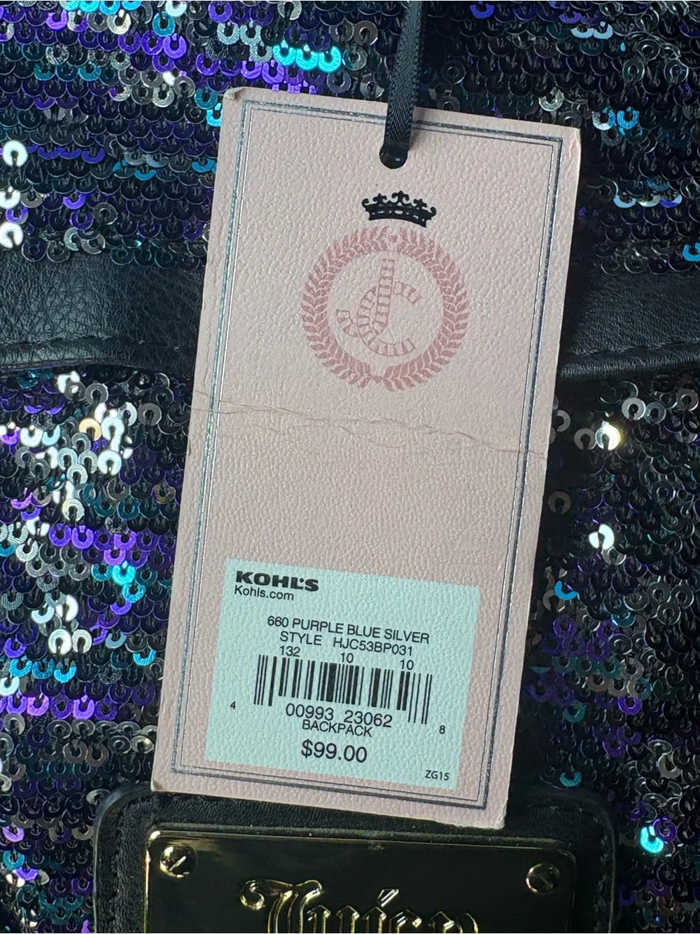 Juicy Couture Black Sequin Backpack with Iridescent Purple Blue Accents